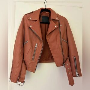 AllSaints Rust Brown Leather Moto Jacket